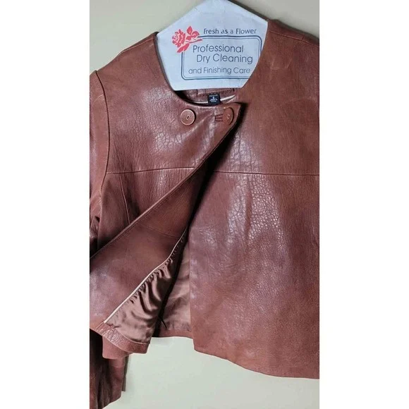 Brown Leather Jacket Asymmetrical Button Cropped Petite S Shophisticated Classic - Picture 2 of 6